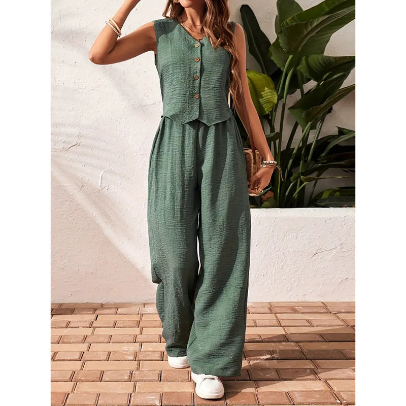 Womens Two Piece Outfits Summer Fashion Button V Neck Crop Vest Blazer And Wide Leg Pants Suit Matching Sets CJ US