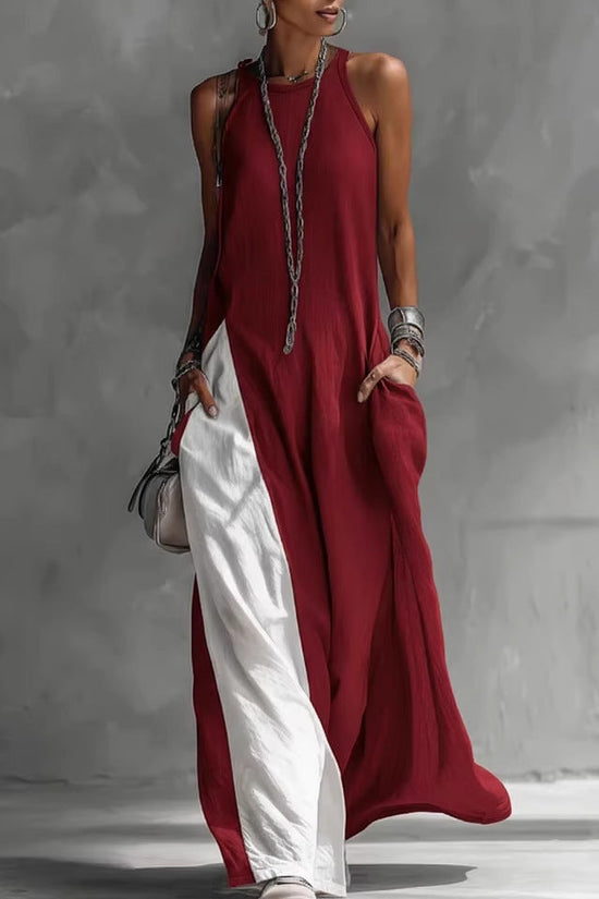 Sleeveless Loose Contrast Color Casual Off Shoulder Dress With Pockets 