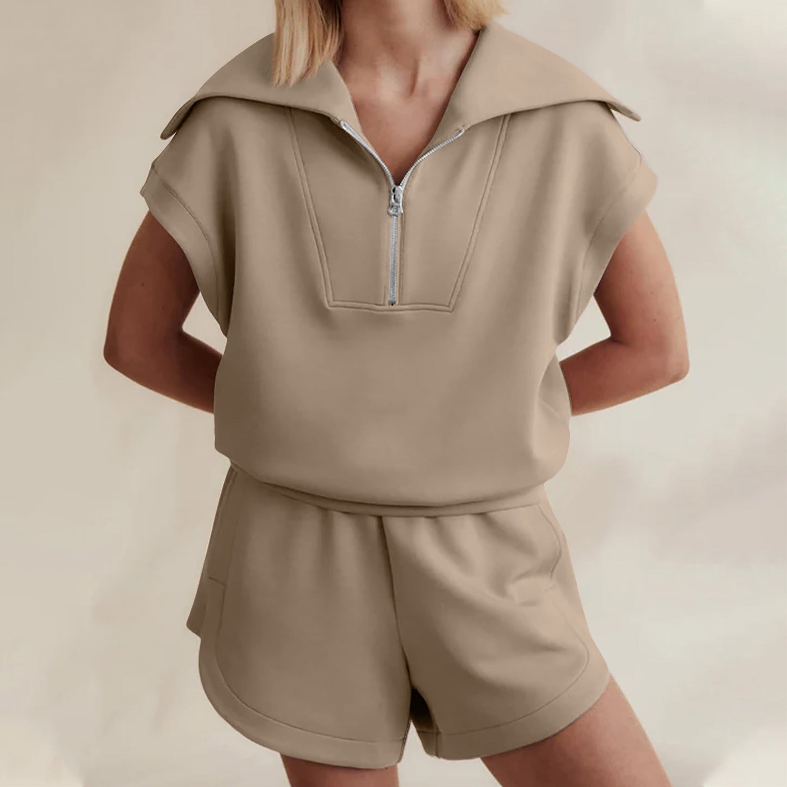 Women's Casual Solid Color Half Zipper And Lapel Top Sweatshirt Shorts Sportswear Suit 