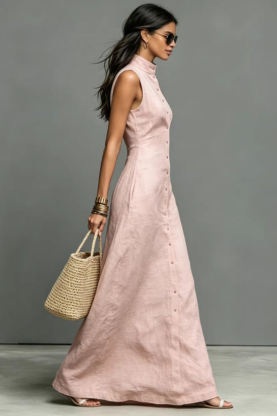 Blended Fabric Stand-up Collar Single-breasted Sleeveless Maxi Dress 