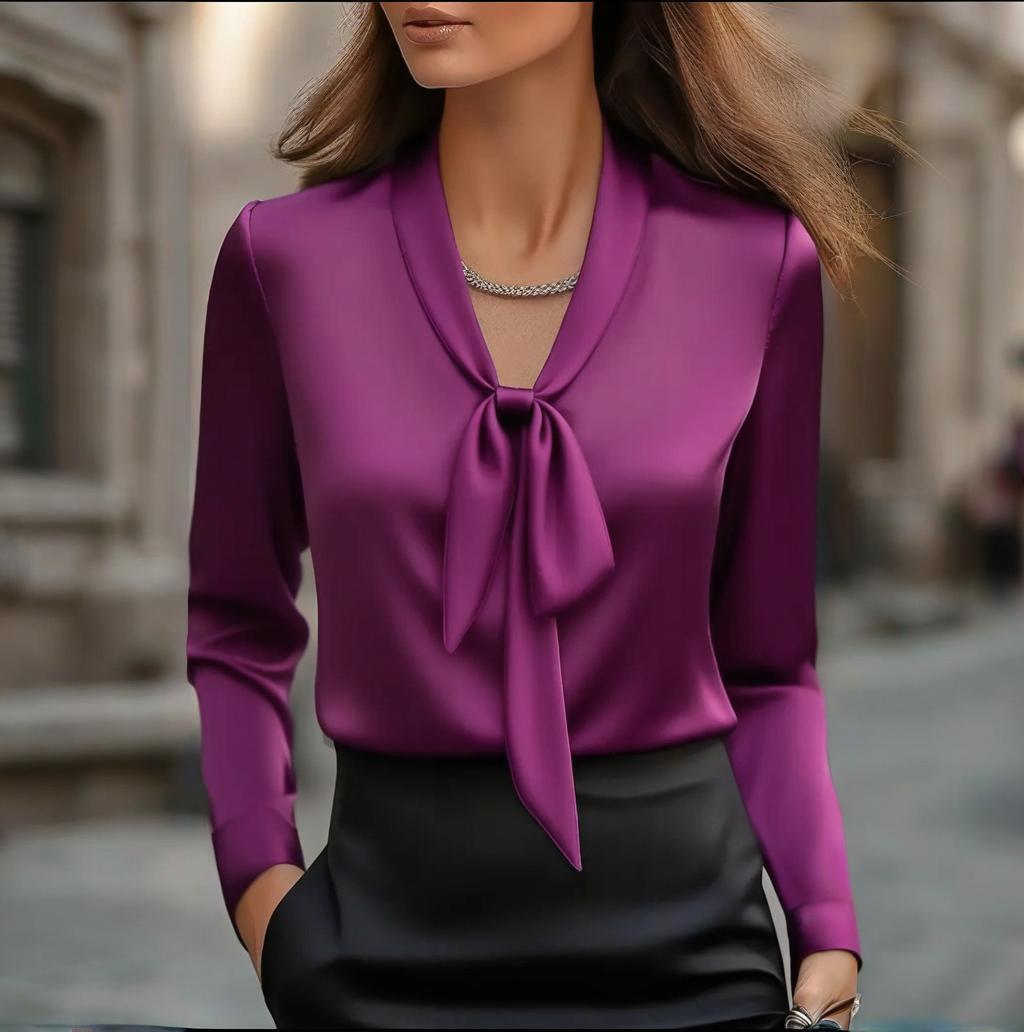 Women's Elegant Satin Blouse, Long Sleeve Button Down Shirt With Ribbon Detail For Office Work CJ US