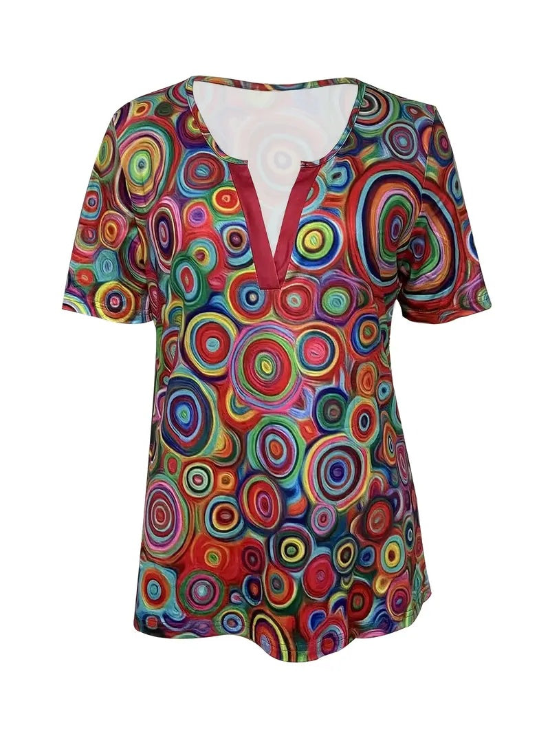 New V-neck Red Candy Print Short Sleeve T-shirt Loose Casual Top For Summer CJ