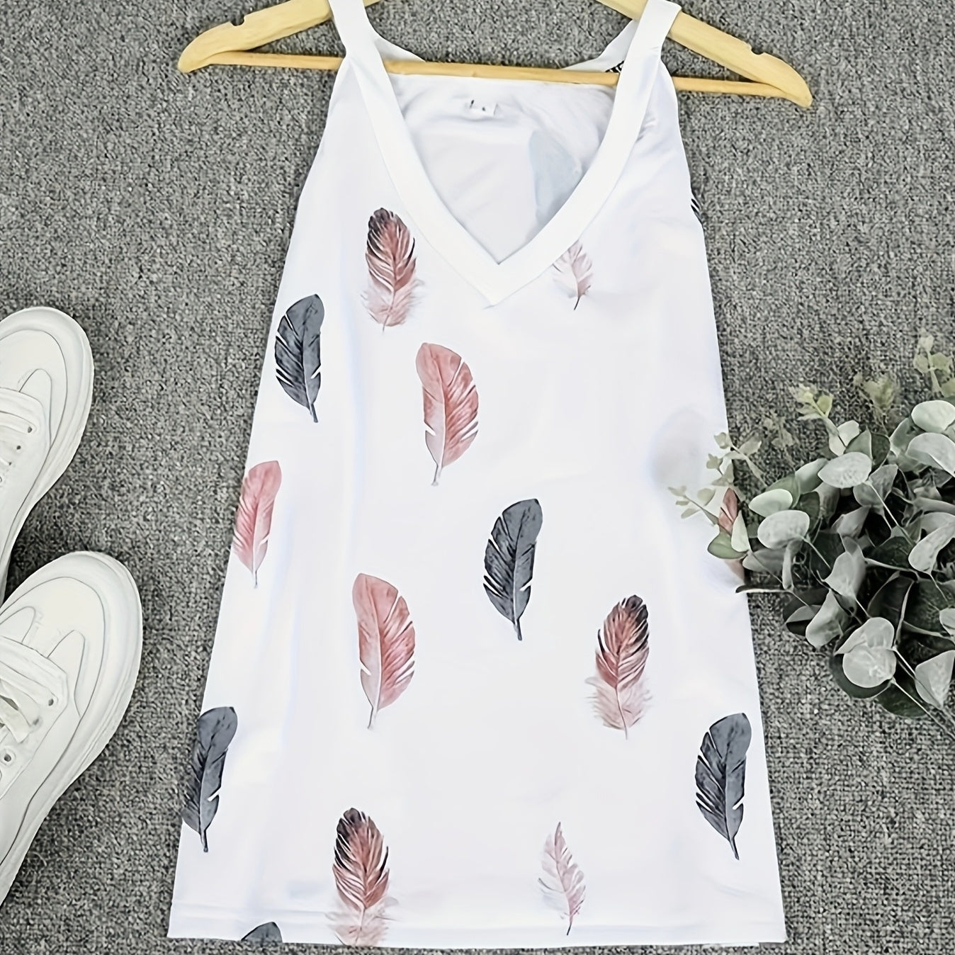 Ladies' V-neck Feather Print Fashionable Versatile Casual Camisole Vest CJ US