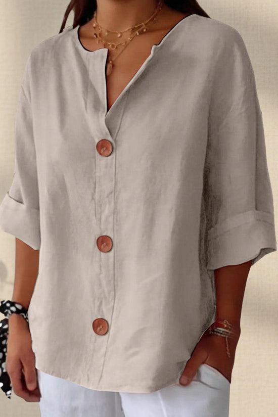 Women's V-neck cotton and linen buttoned blouse 