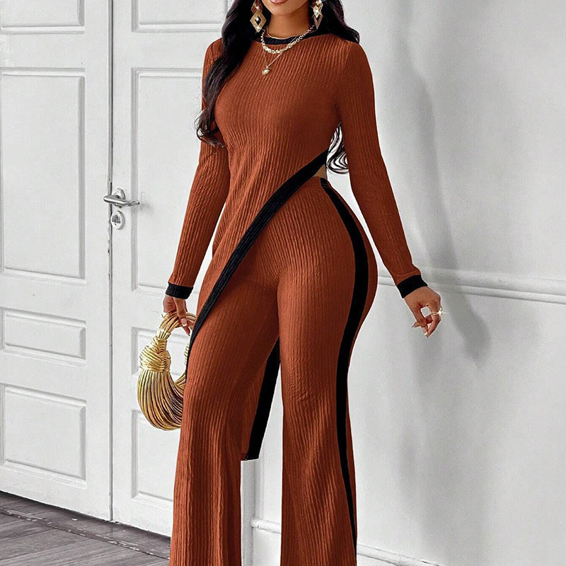 Women's 2 Piece Outfit Sexy Asymmetrical Hem Long Sleeve Top And Wide Leg Pants Sets Elegant Vacation Going Out Suit Diversi Fashion™