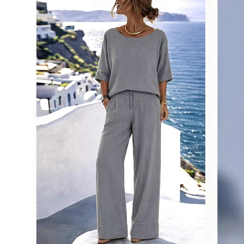 Cotton-Linen Minimalist Elegant Resort Short-Sleeve Pants Set 