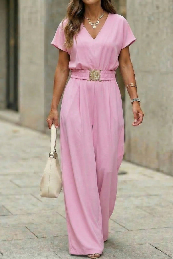 Womens V-neck Solid-color Short-sleeve Long-pants Belted Jumpsuit 