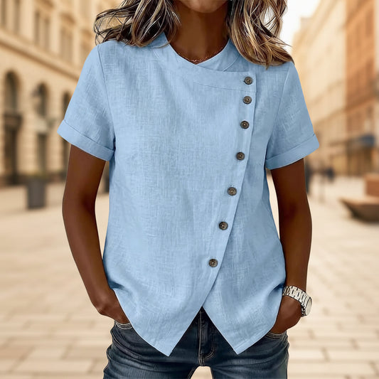 New Solid-Color Cross-Neckline Short-Sleeve Loose Cotton-Linen Asymmetrical Top 