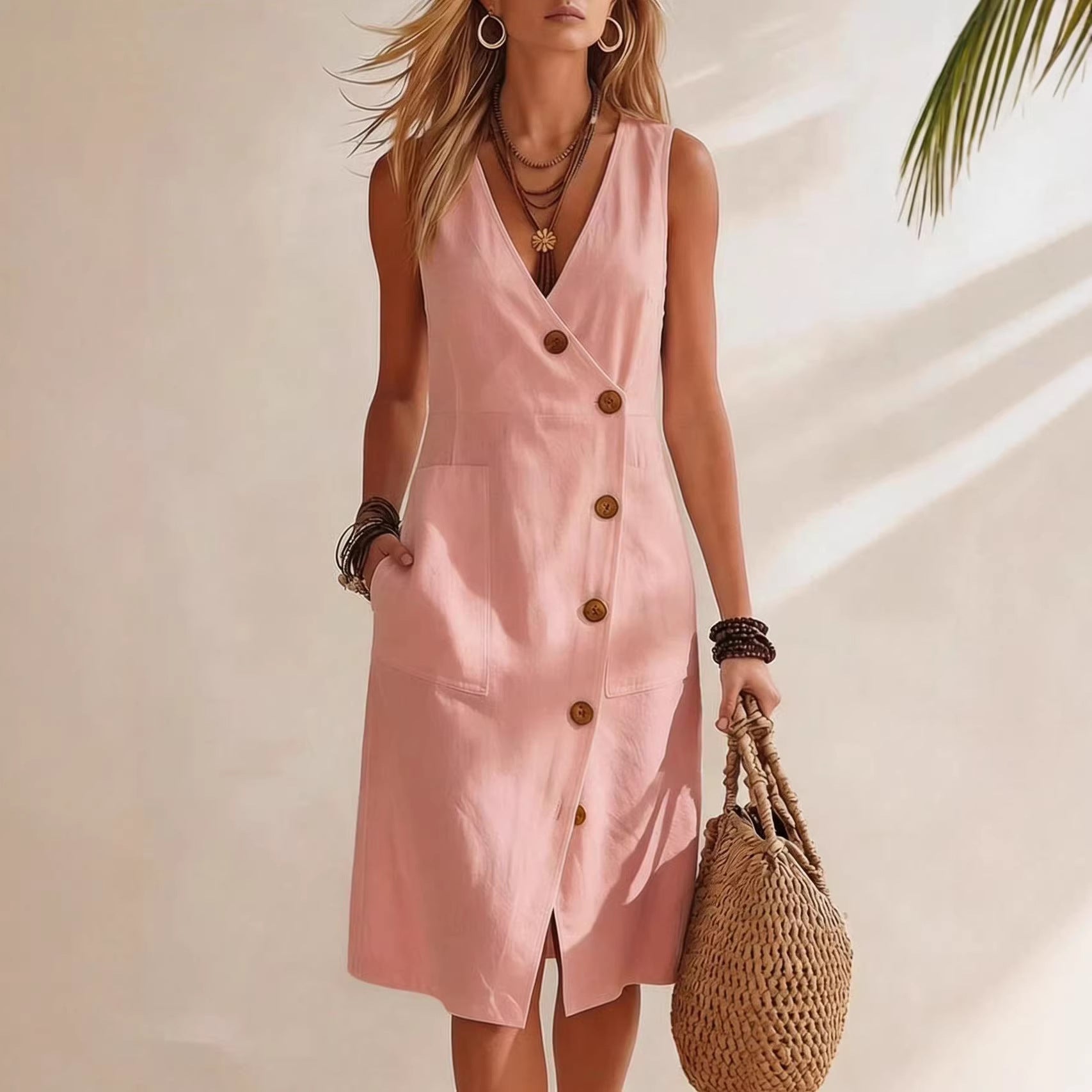 Resort-style V-neck Sleeveless Asymmetrical-button Midi Dress 