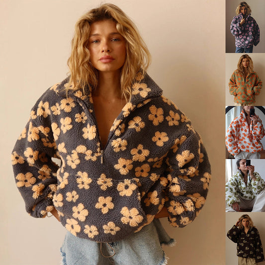 Winter Flowers Lambskin Sweatshirt With Big Pocket Casual Loose Zip-up Lapel Pullover Top Women's Clothing 