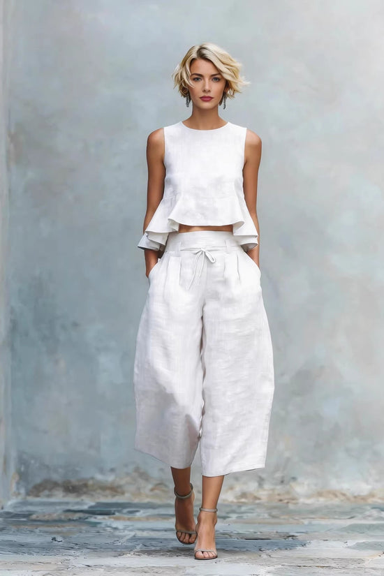 Womens Linen-blend Two-piece Set With Ruffled Detailing 
