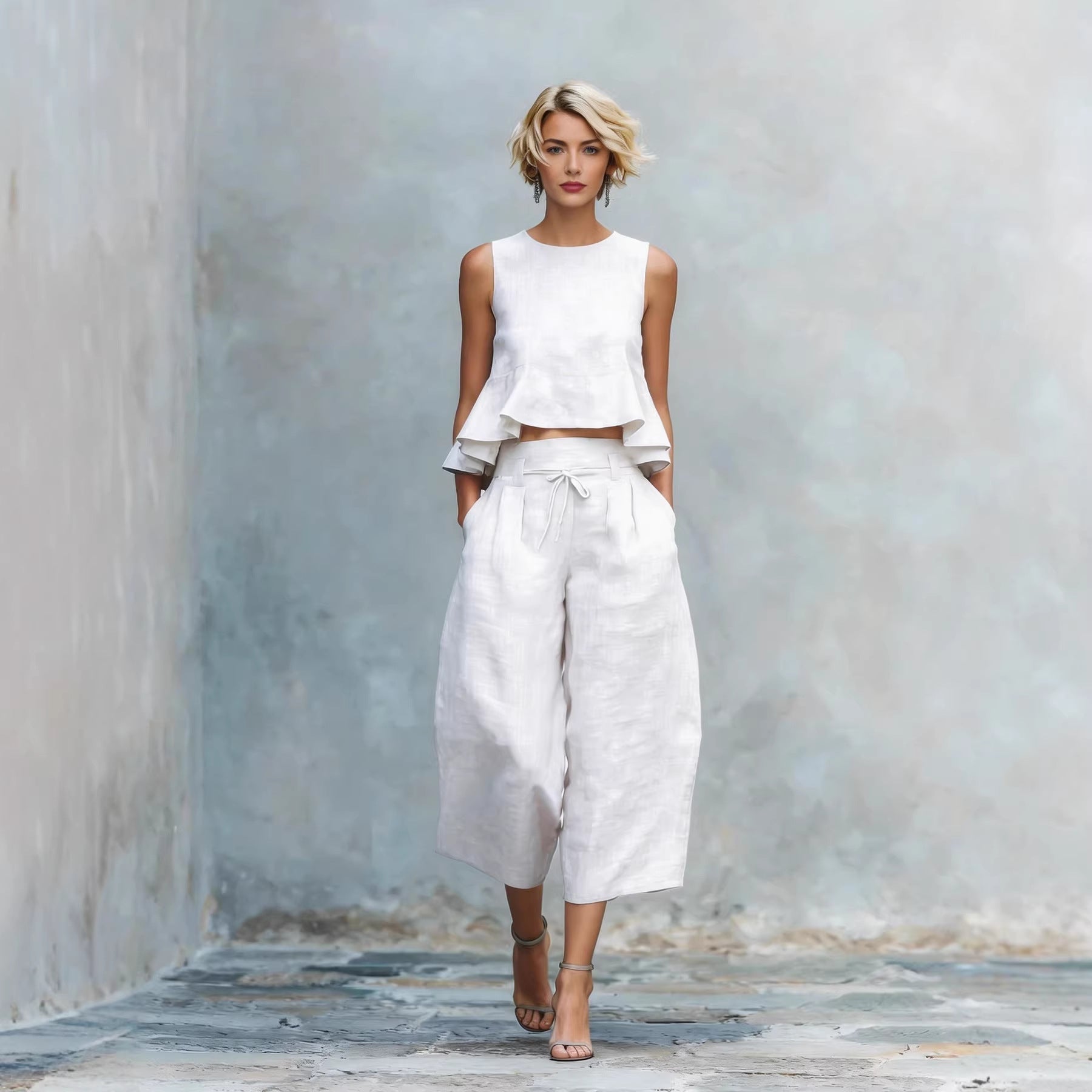 Womens Linen-blend Two-piece Set With Ruffled Detailing 