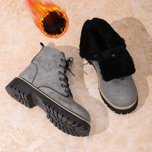 Front Lace-up Suede Ankle Boots With Fleece Lining 