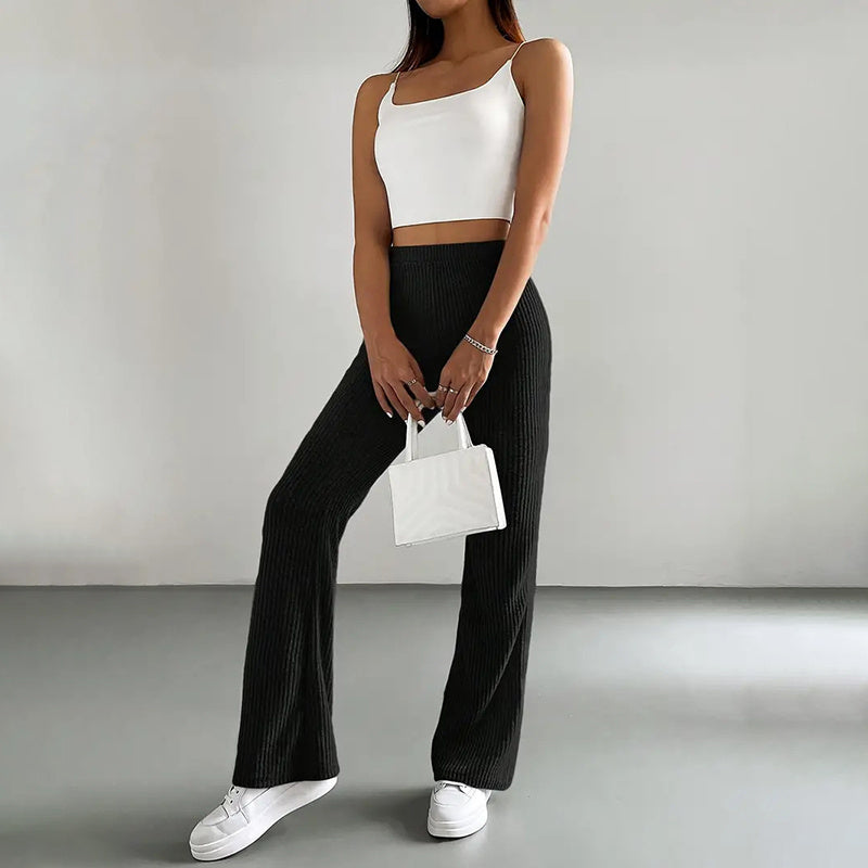 Women's Solid Color Rib-Knit Jogger Pants, Casual Stretch Pull-On Trousers For Spring And Fall 