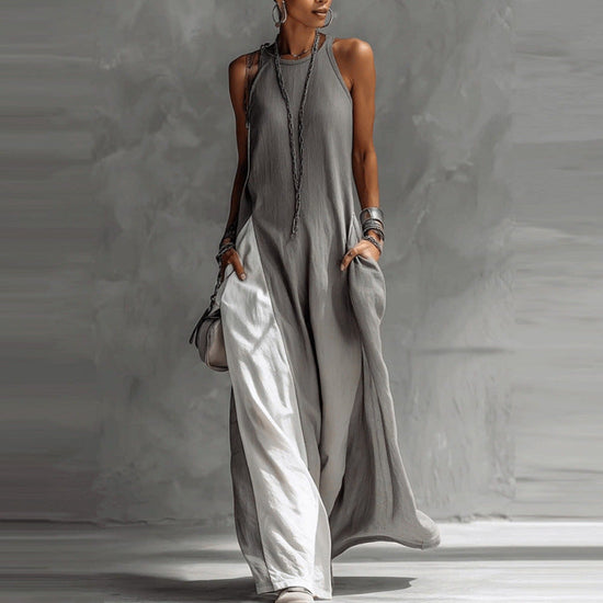 Womens Sleeveless Loose-Fit Color-Block Casual Off-Shoulder Dress With Pockets 