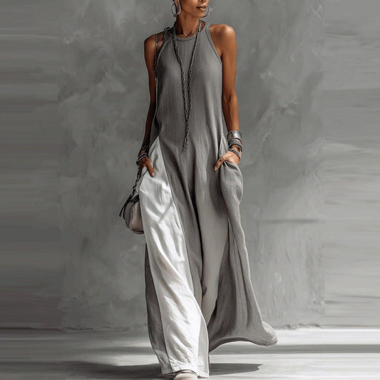 Womens Sleeveless Loose-Fit Color-Block Casual Off-Shoulder Dress With Pockets 