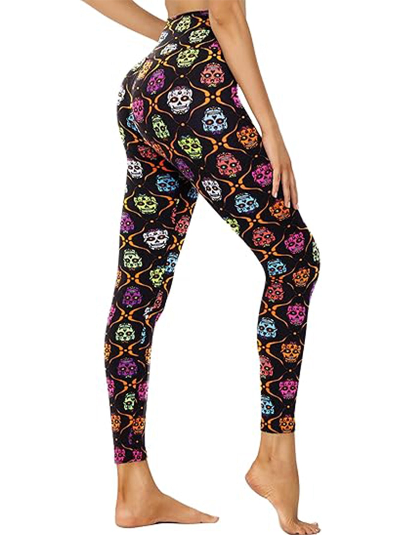 Leggings - Cropped High-waisted Printed Colorful Skulls CJ US
