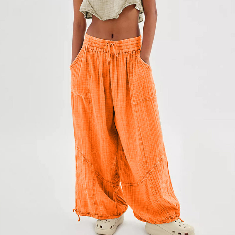 Women's Solid-color Wide-leg Pants With Elastic Drawstring Waist Elasticized Leg Cuffs Side Pockets For Spring&Fall Fashionable Simple Wear CJ US