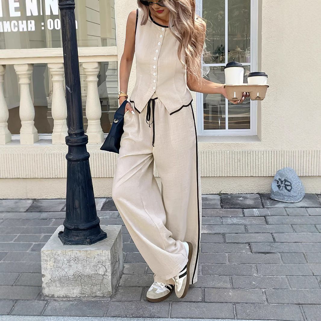 Women's Contrast Color Sleeveless Single-breasted Vest And Drawstring Trousers Suit 