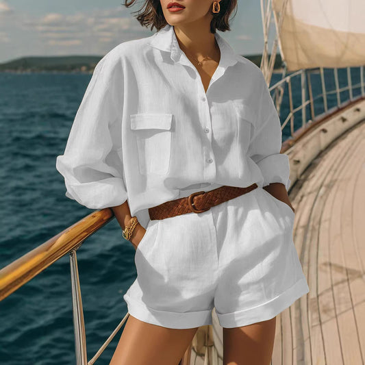 Cotton-linen Loose-fit Button-down Shirt And Shorts Fashion Casual Set 