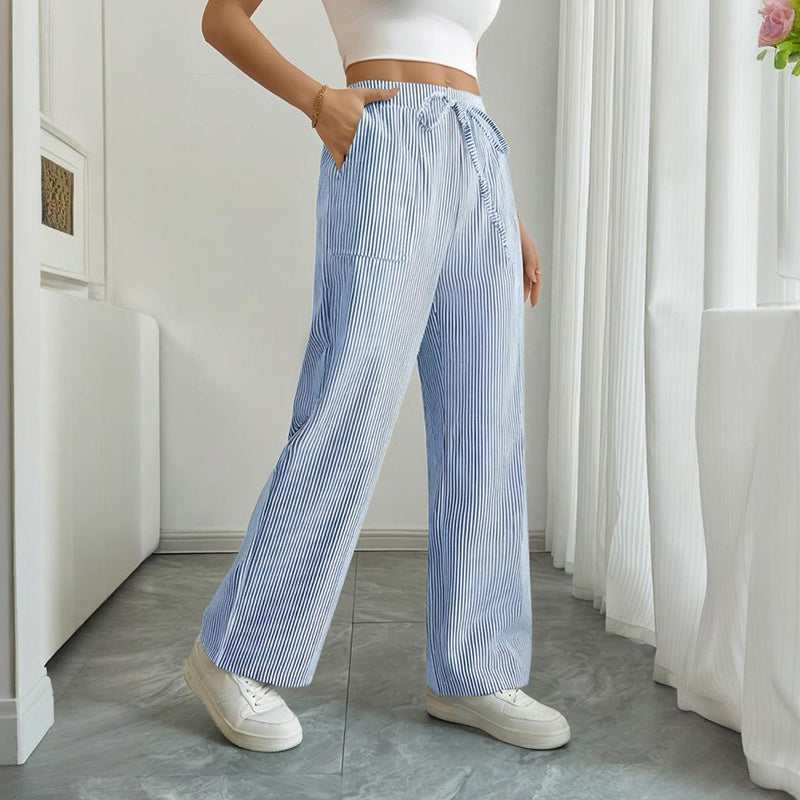 Women's Striped Print Straight Wide Leg Pants Drawstring Waist Slant Pockets Pants Casual Long Pants CJ US