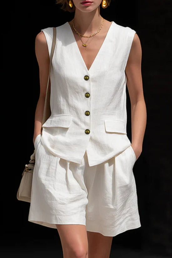 Womens Simple Elegant Cotton-Linen Vest Top And Shorts Two-Piece Set 