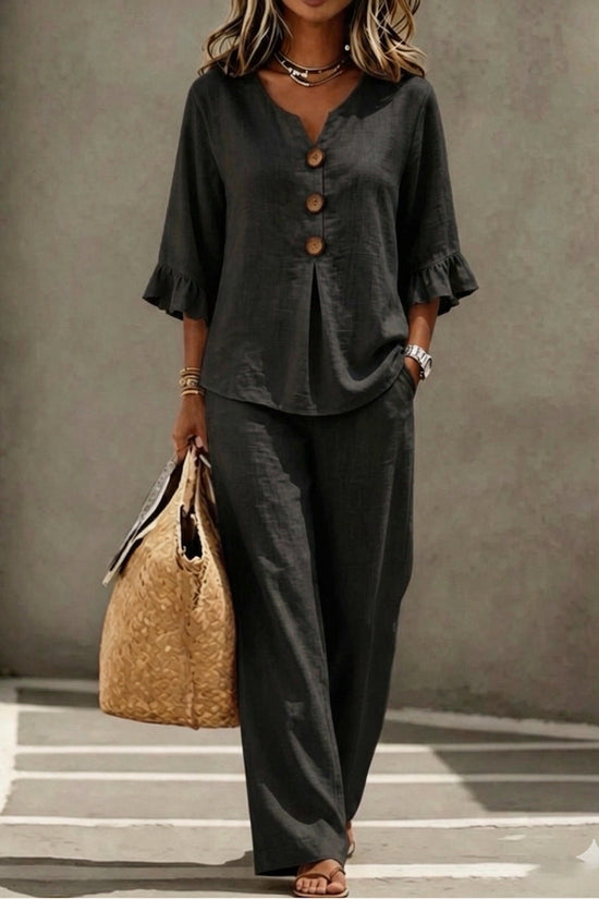Womens V-neck Ruffle Three-Quarter Sleeve Top And Pants Two-Piece Set 