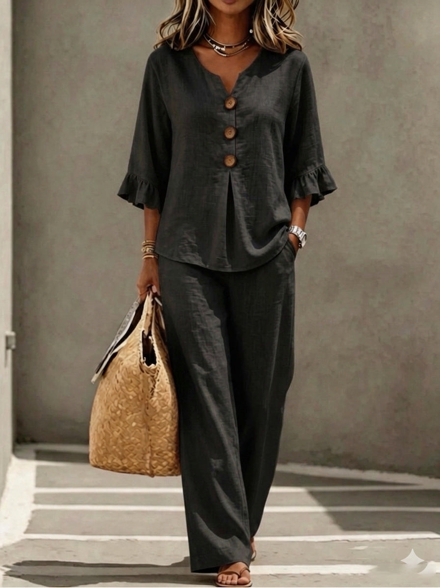 Womens V-neck Ruffle Three-Quarter Sleeve Top And Pants Two-Piece Set 