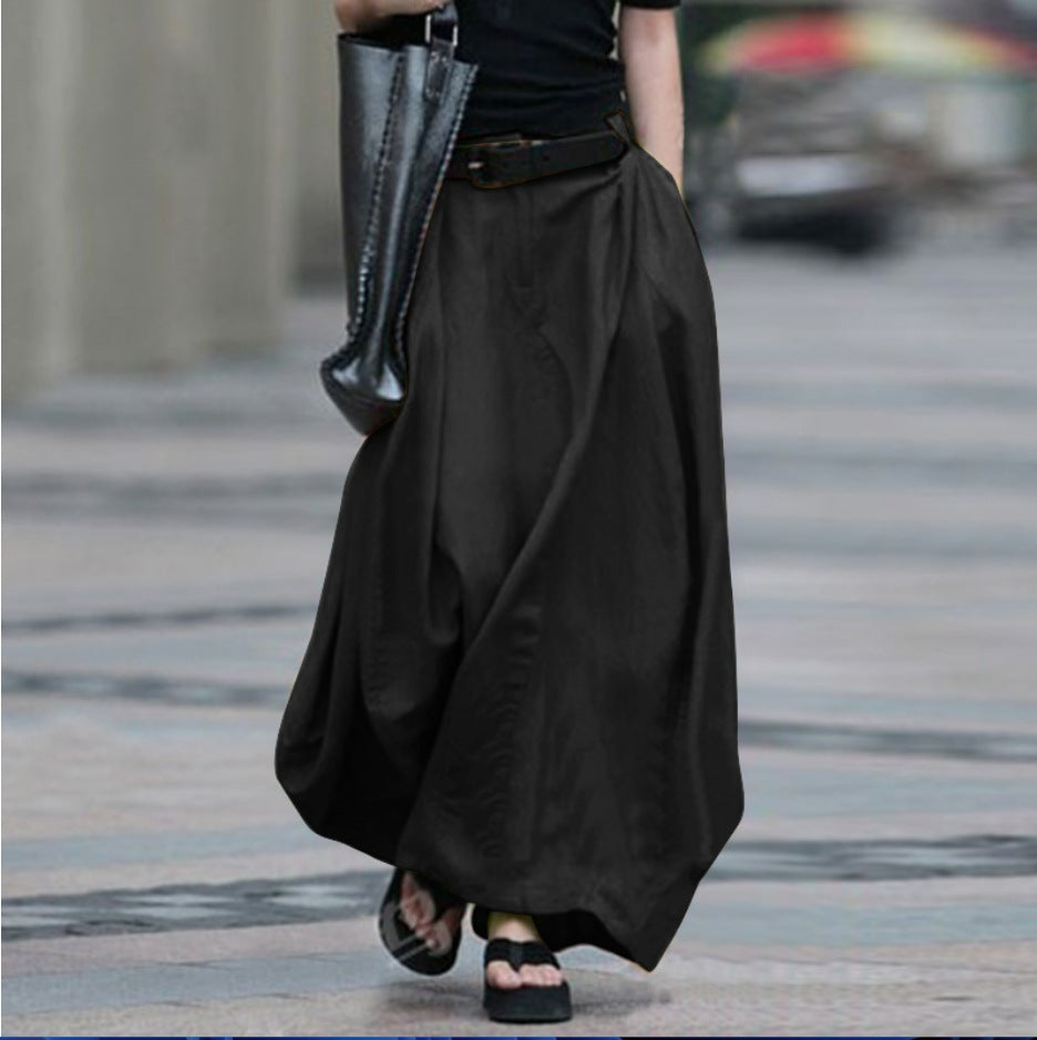 Womens Solid-color High-waisted Long Skirt 
