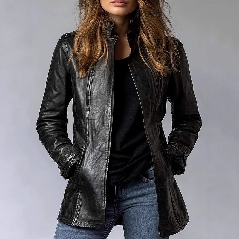 Vintage Style Women's Long Sleeve PU Jacket, Mid-Length Open Cardigan With Pockets, Casual Leather Coat CJ US