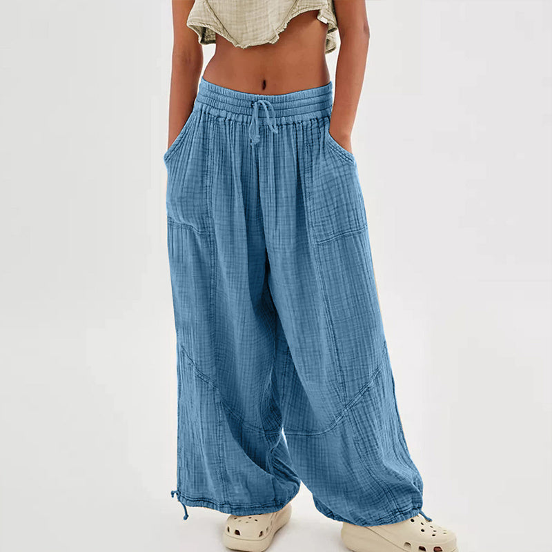 Women's Solid-color Wide-leg Pants With Elastic Drawstring Waist Elasticized Leg Cuffs Side Pockets For Spring&Fall Fashionable Simple Wear CJ US