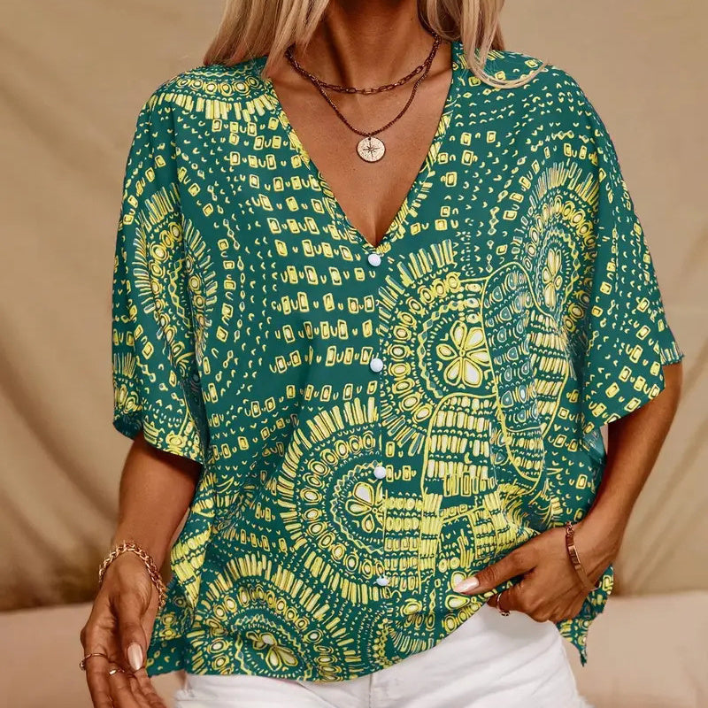 Women's V-Neck Mandala Print Blouse Short Batwing Sleeve Casual Vacation Top CJ US