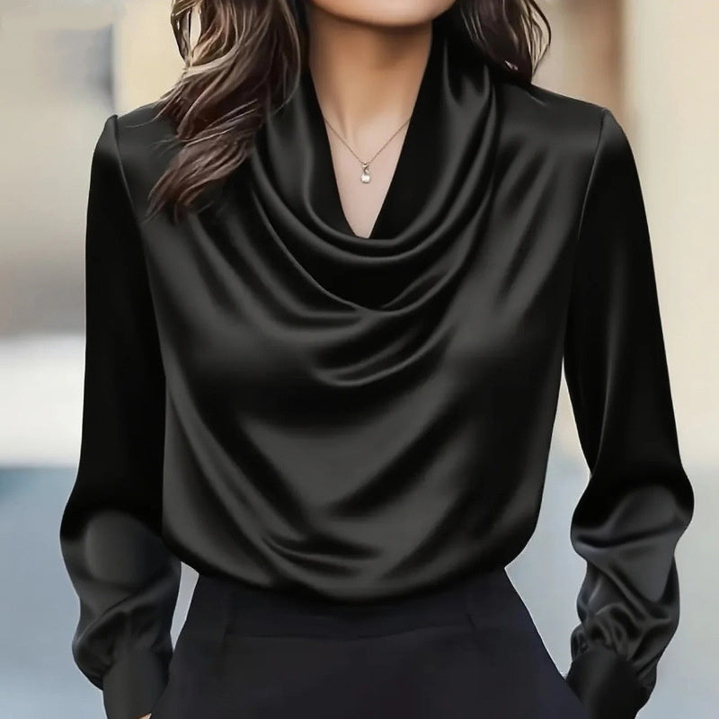 Women's Elegant Draped Neck Blouse, Solid Color Ruffle Detail Long Sleeve Shirt For Office And Formal Wear CJ US