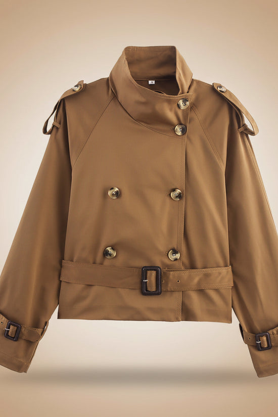 Notch-collar Short Trench Coat For Women With Belt Buckle Detailing 