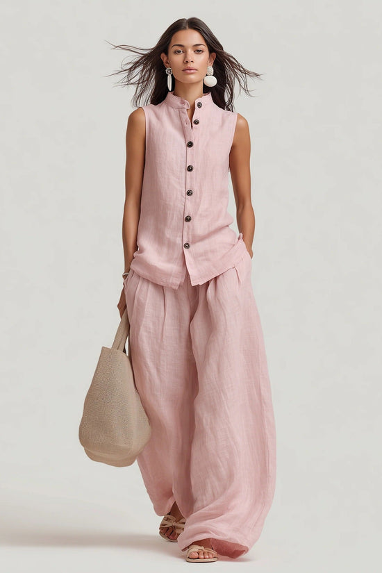 Stand-up Collar Sleeveless Shirt And High-waisted Wide-leg Pants Set 