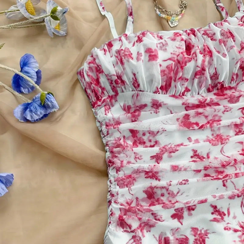 Women's Boho Floral Print Mini Dress Spaghetti Strap Ruched Ruffle Hem Vacation Sundresses CJ