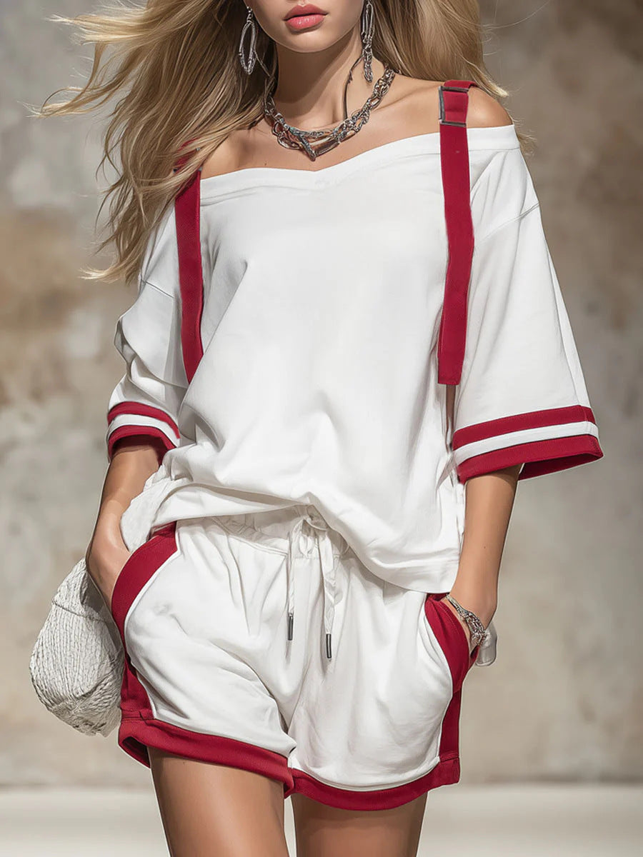 Summer Contrast-Colored Women's Patchwork Casual Shorts Set 