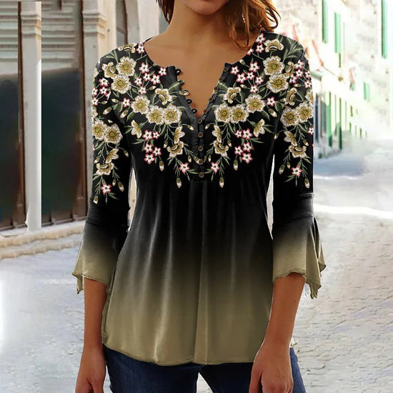 Women’s V-Neck 3/4 Sleeve Button-Front Tunic Blouse 