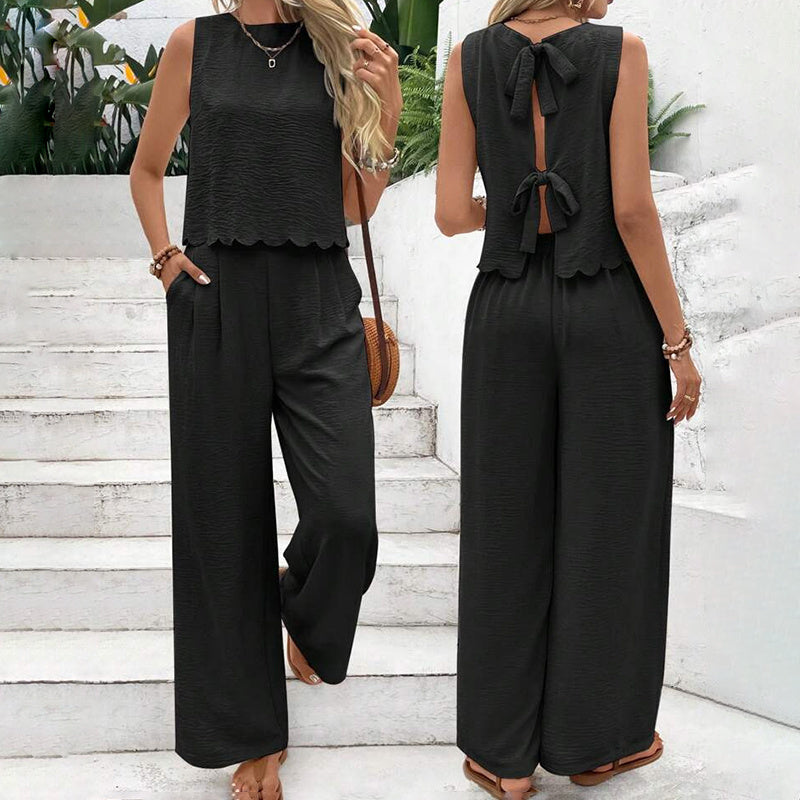 Women's Elegant 2-Piece Matching Set, Sleeveless Crop Top And Wide Leg Pants Outfits CJ