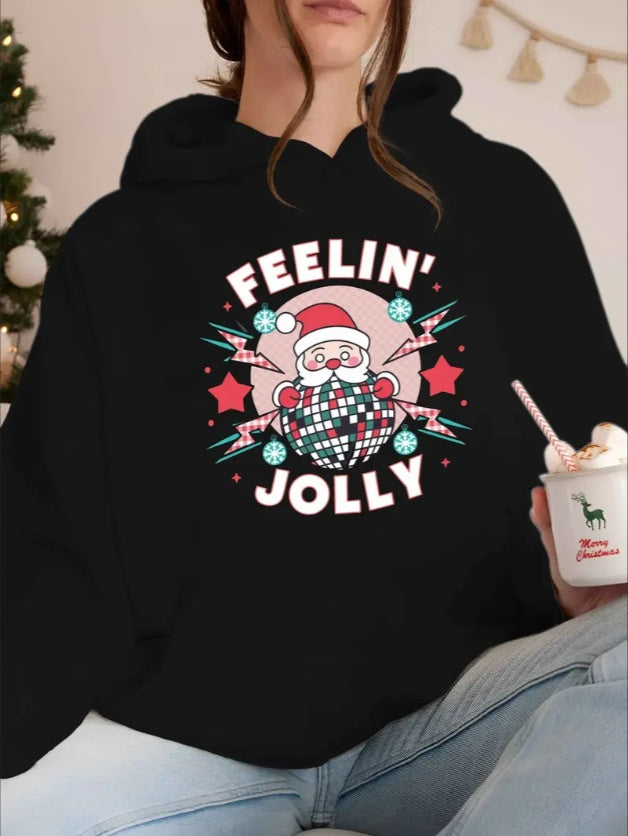 Christmas Santa Claus Print Long Sleeve Hooded Pullover Sweatshirt With Kangaroo Pockets, Women's Sportswear For Fall & Winter, Outdoor Wear CJ US
