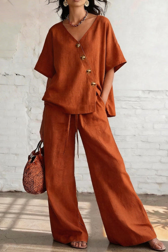 Casual Vacation Loose Cotton-Linen V-Neck Wide-Leg Pants Two-Piece Set 