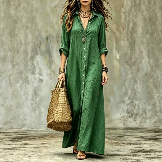 Shirt-collar Floor-length Casual Simple Long Dress 