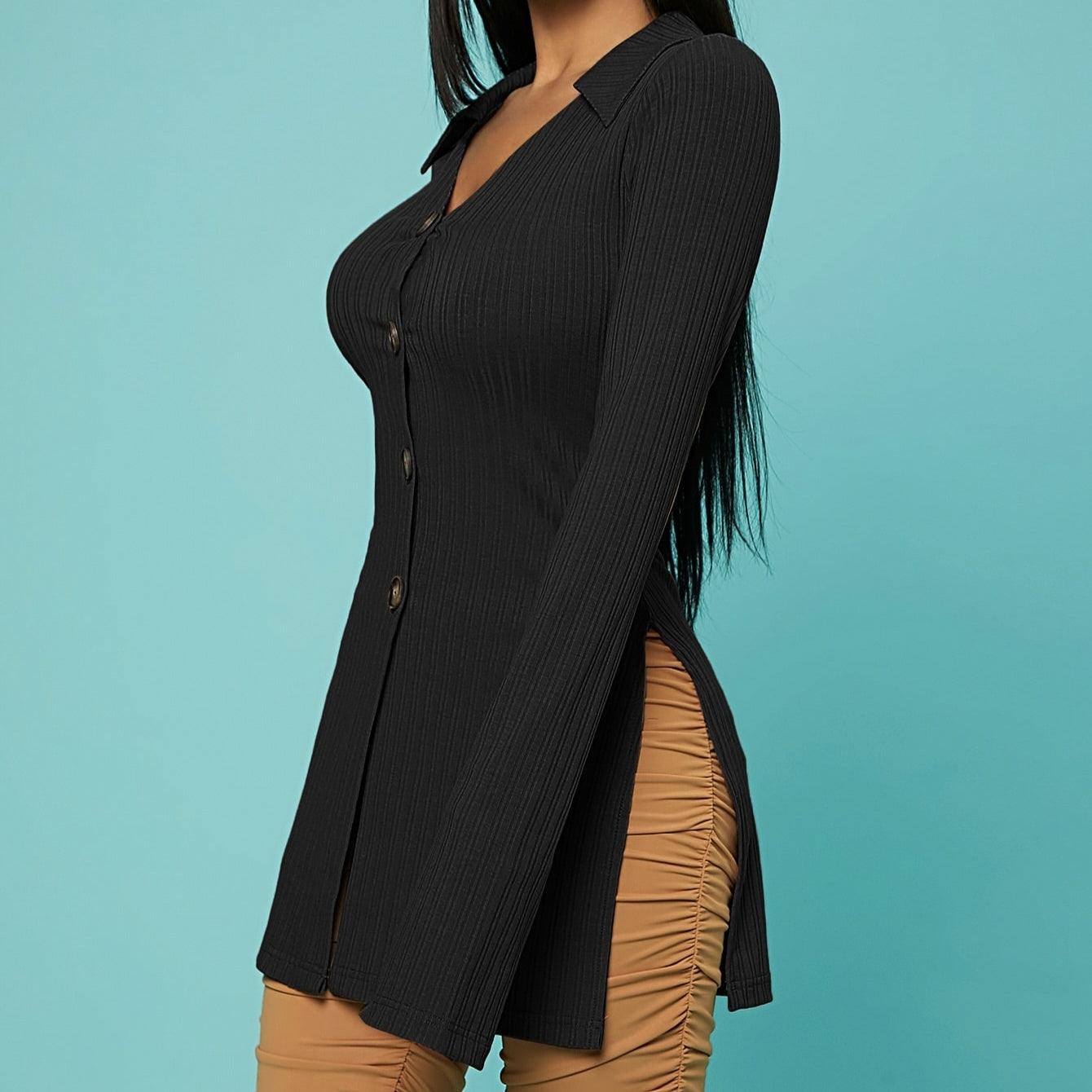 Ladies' V-neck Solid Color Button Slit Elegant Ribbed Knit Shirt Top CJ US