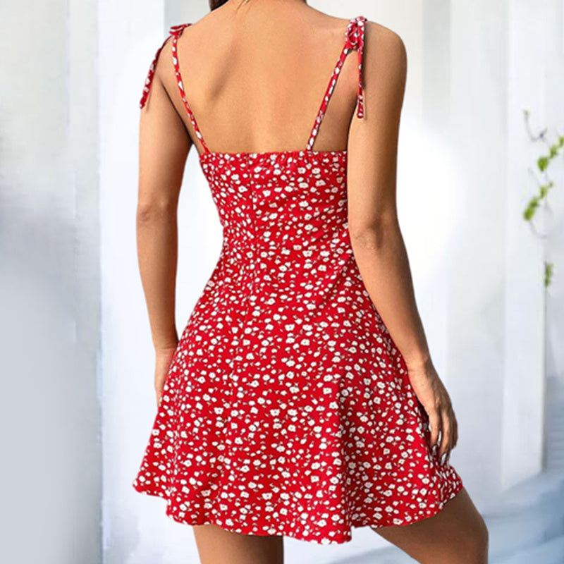 Womens Floral Mini Dress Spaghetti Strap Sleeveless Tie Shoulder Ruffle Summer Boho Dresses CJ US
