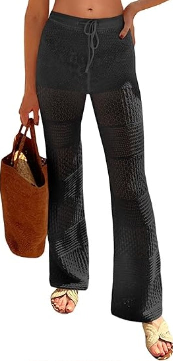 Saodimallsu Womens Beach Cover Up Pants Boho Crochet Knit High Waist Drawstring Sheer Hollow Swim Pant Swimwear CJ US