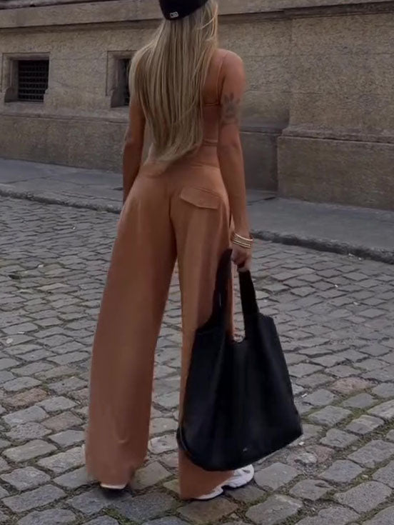 Women's Camel 2-Piece Set - Spaghetti Strap Corset Top & Wrap Waist Wide Leg Pants 
