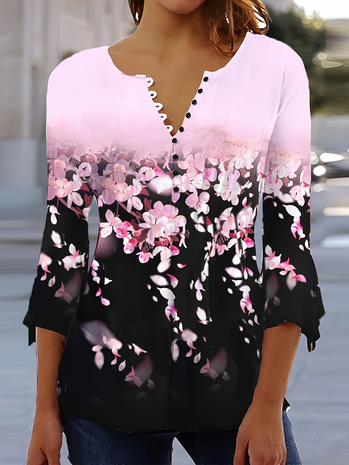 Spring And Autumn New Printed Spike Button Irregular Three-quarter Sleeve T-shirt Casual Top FitiqueFit