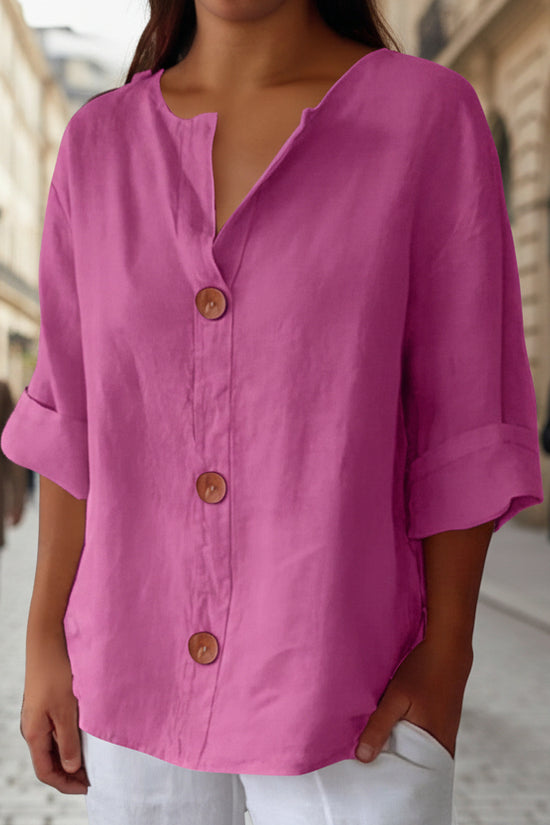 Women's V-neck cotton and linen buttoned blouse 
