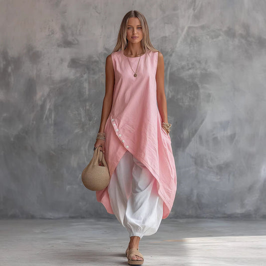 Solid-color Sleeveless Loose-fit Dress With Patch Pockets 