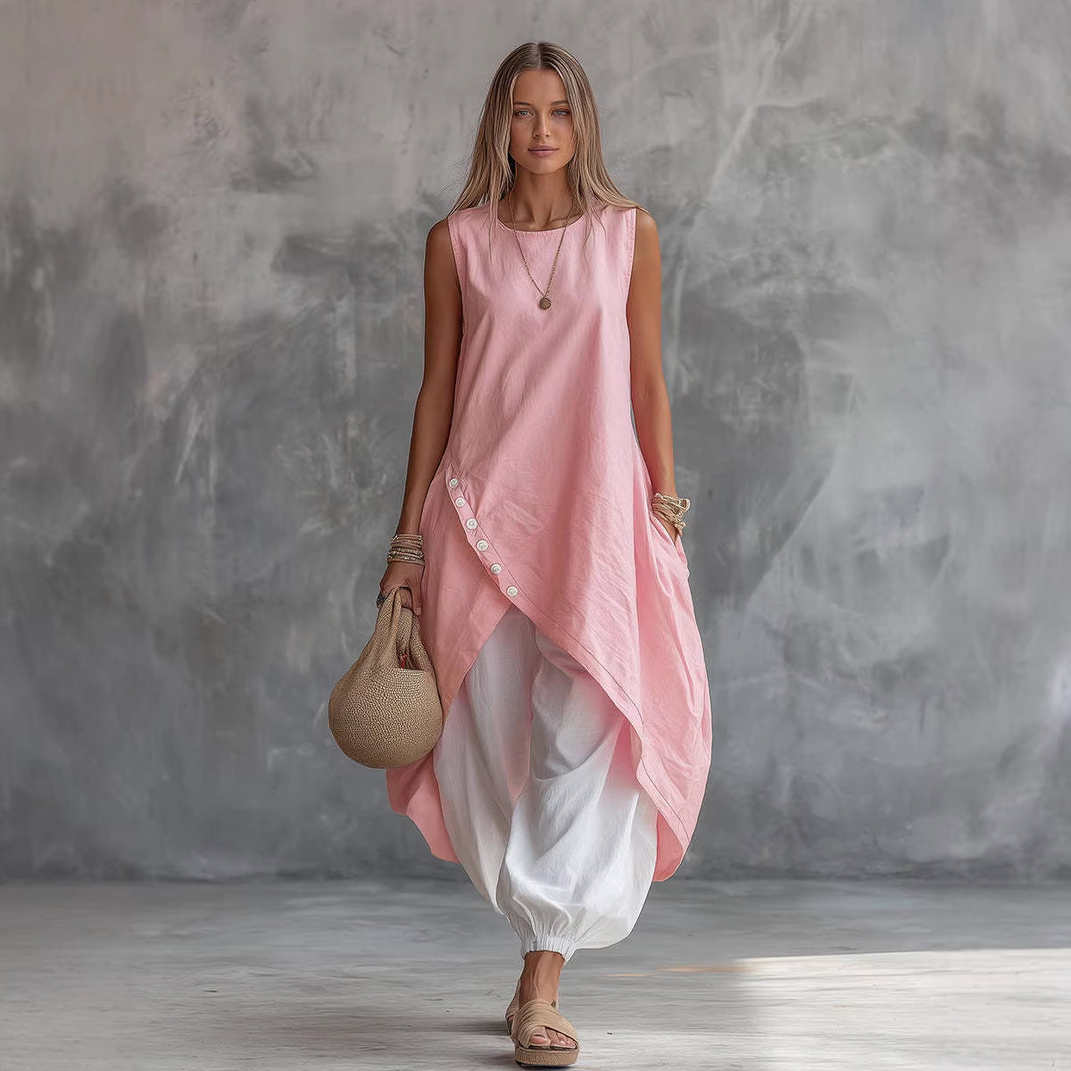 Solid-color Sleeveless Loose-fit Dress With Patch Pockets 